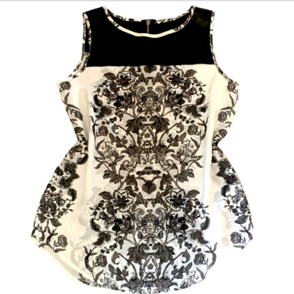 Bisou Bisou Sleeveless Top Mixed Media Faux Leather/Floral S Black & White 61E - Picture 2 of 8